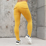 Workout Women Leggings High Waist Elastic Push Up With Pocket Ankle Length Polyester Legging Casual Yellow Leggings