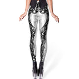 Fashion Black Women Leggings Fitness Mid Waist Elastic Push Up Skull Print Ankle Length Spandex Leggings