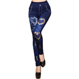 Casual Women Leggings High Waist Elastic Push Up Hollow Out Print Ankle Length Polyester Leggin Fashion Blue Leggings