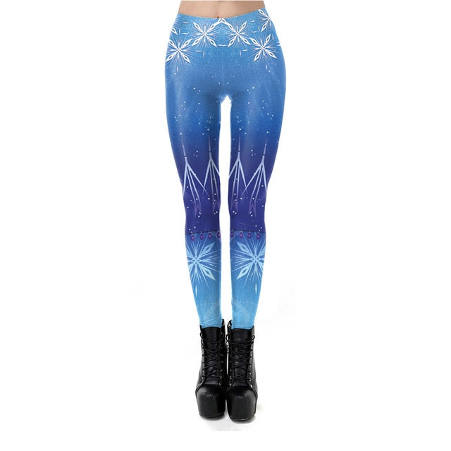 Princess Elsa Leggings Snow Printing Workout Leggins For Women Blue Fitness Pants Elastic Slim Mid-Waist Legins