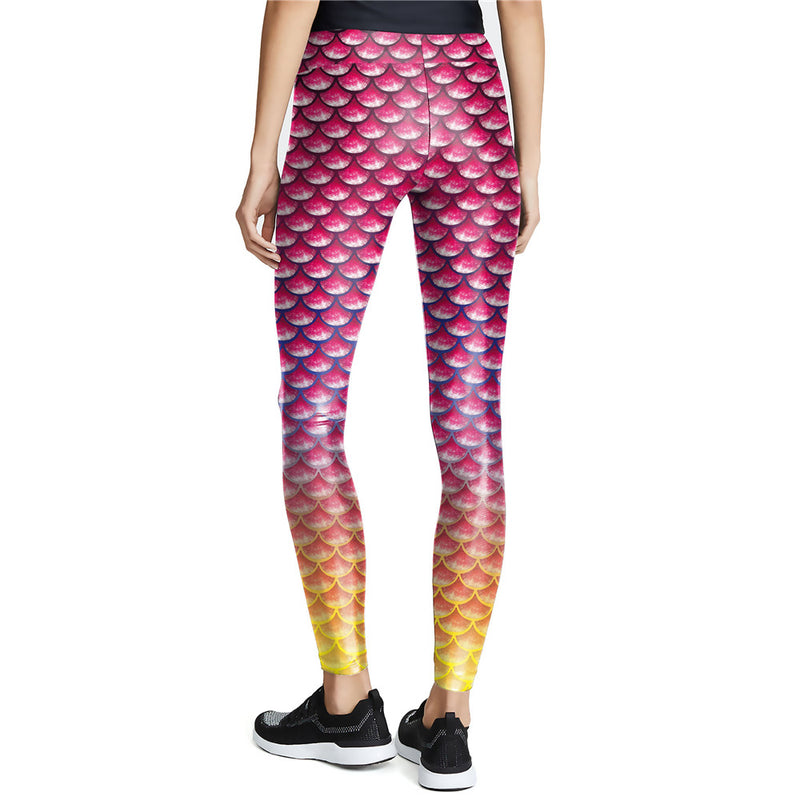Pink Gradient Women Workout Leggings Mermaid Fish Scale Pants Slim High Waist Elasticity Leggins Knitted Legins XL Size