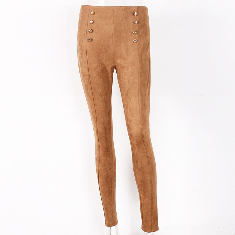 Casual Women Pants Solid High Waist Elastic Push Up With Button Full Length Polyester Skinny Pencil Pants