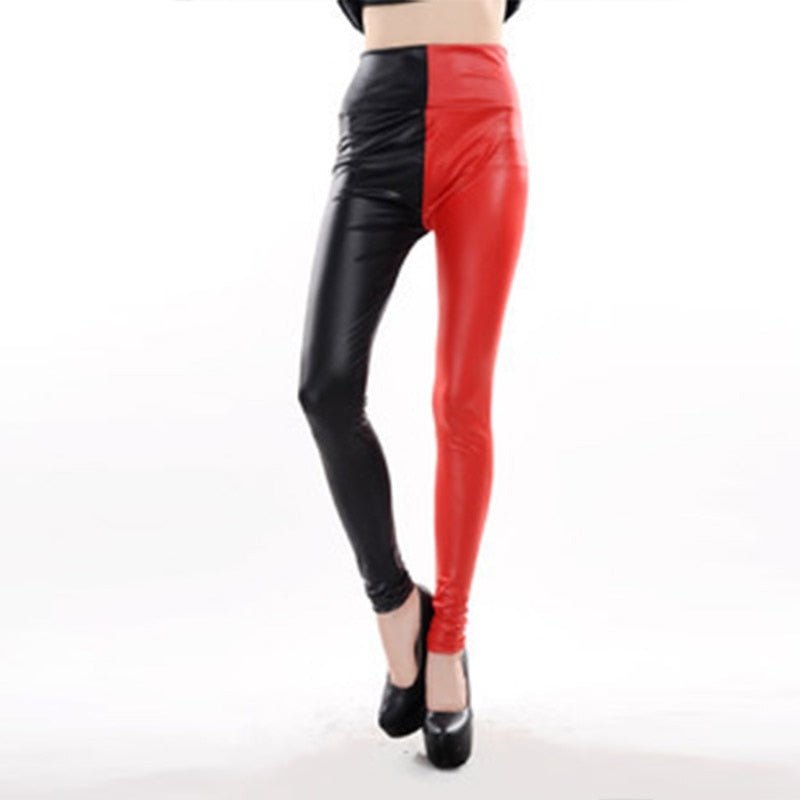 Women Leggings Elastic High Waist Stitching Faux Leather Ankle Length Leggins Slim Red Black Patchwork Women Leggings