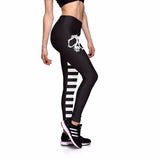 Casual Women Leggings Fitness Mid Waist Elastic Push Up Skull Print Striped Patchwork Ankle Length Polyester Leggings